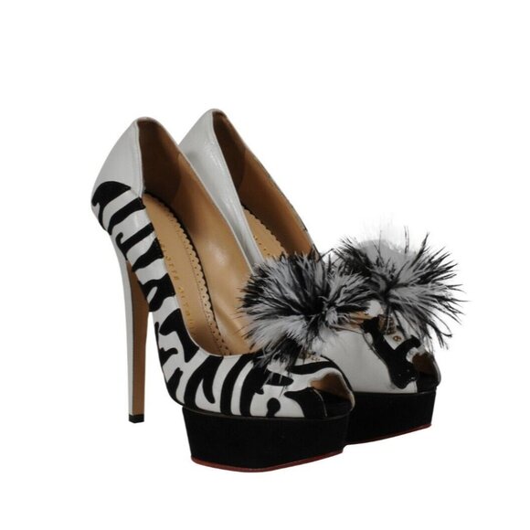 Charlotte Olympia Womens Zelda Platform Pumps Zebra US 7.5 EU 37.5 White Leather